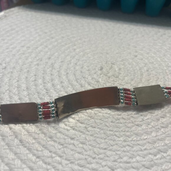 Tribal TURQUOISE & RED CORAL Handmade Sterling Bracelet Size 7 3/4" #134D - Picture 3 of 4